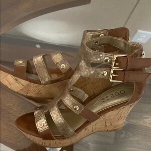 Guess Gold and Brown Strappy Heels with Wedge